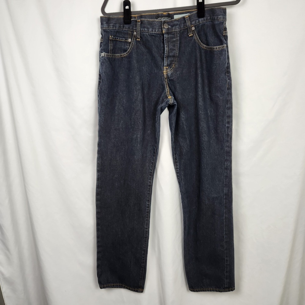 Aeropostale Mens 32x32 Slim Straight Jeans Button Fly Dark Wash Preppy‎
